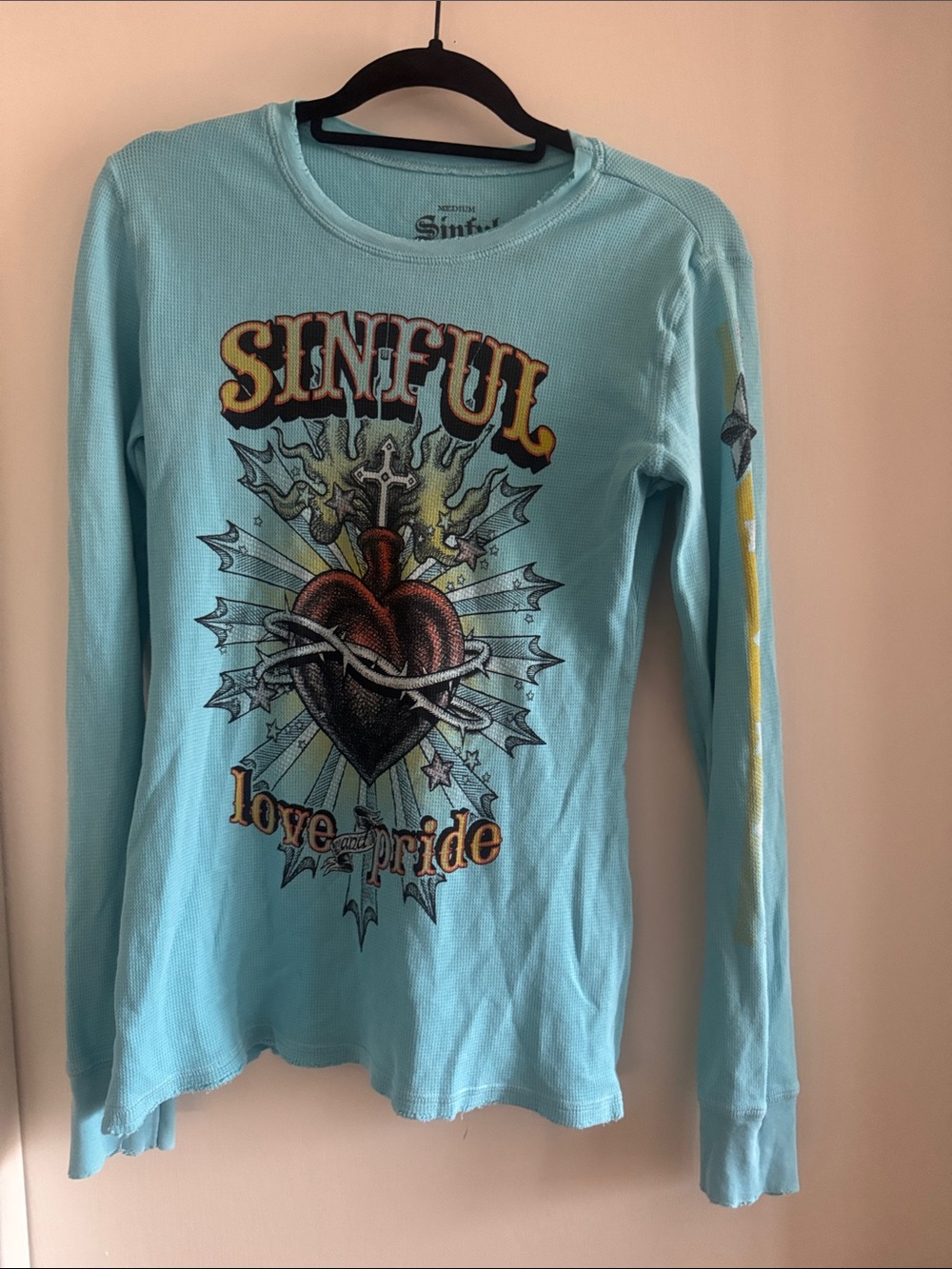 Sinful Aqua Long Sleeve Graphic Tee with Heart & Crown